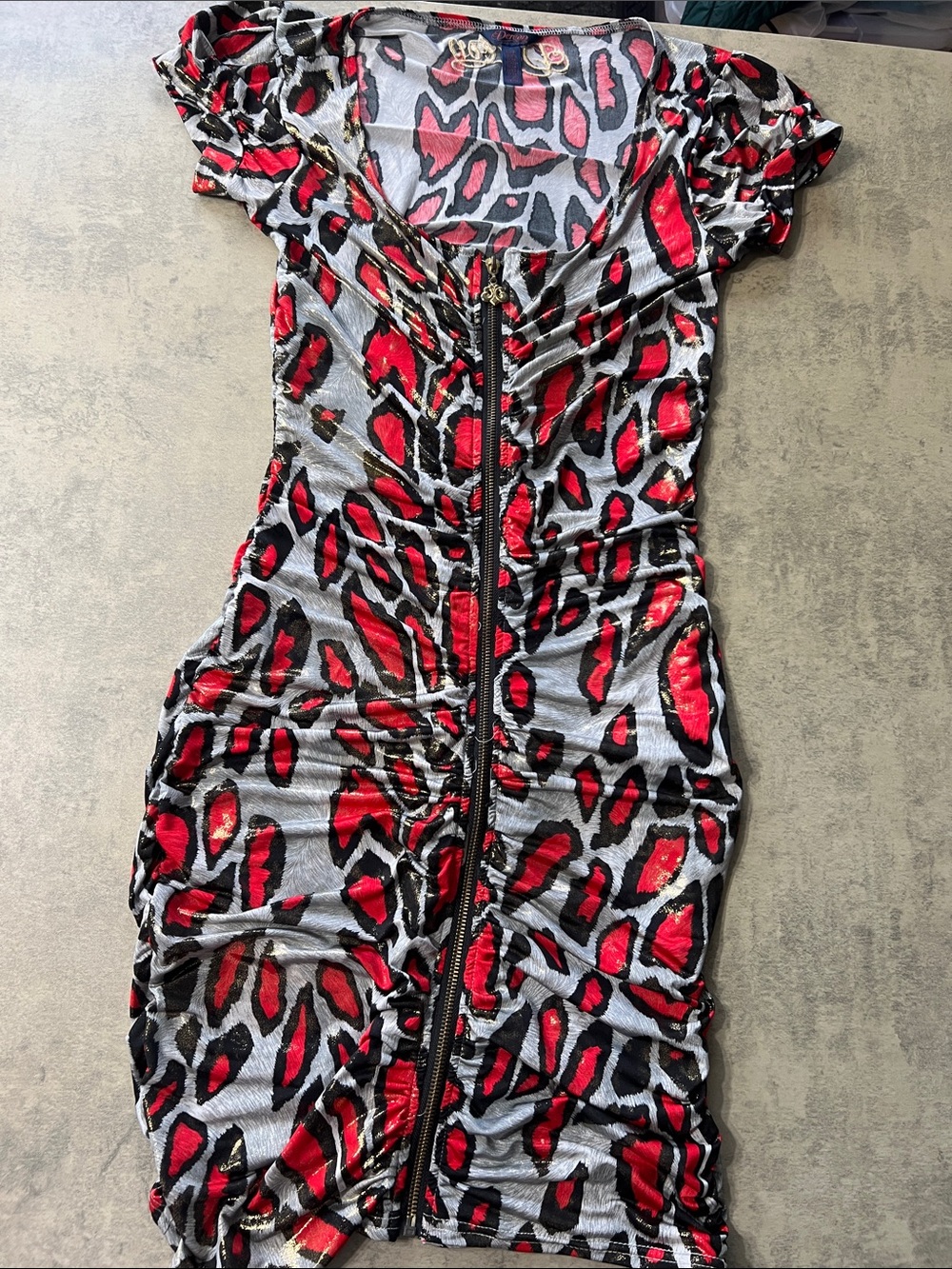 Dereon Red Leopard-Print Zip Front Midi Dress with Gold Accents
